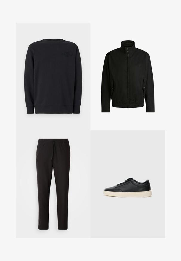 Giacca nera con colletto alto, chiusura con zip e vita elasticizzata. Presenta tasche laterali con flap di copertura e dettagli del logo discreti.; Felpa nera con maniche lunghe, colletto rotondo a costine e logo frontale testurizzato. Realizzata in tessuto morbido, presenta una vestibilità comoda e orli a maniche cuffiate.; Pantaloni jogger neri realizzati in tessuto liscio. Presentano una vita elasticizzata con stringa, gambe affusolate e senza tasche visibili. Design semplice.; Sneaker in pelle nera a basso profilo con lacci neri e suola avorio, mostrato di profilo su sfondo bianco.
