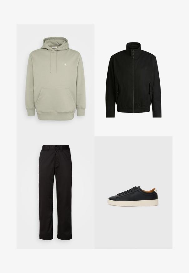 Schwarze Jacke mit hohem Kragen, Reißverschluss vorne und elastischem Bund. Enthält Seitentaschen mit Klappen und dezenten Logodetails.; Hellgrüner Hoodie aus weichem Stoff, mit einer Fronttasche, verstellbaren Kordeln und einem kleinen, gestickten Logo auf der Brust.; Schwarze Hose aus glattem Stoff, mit Reißverschluss, Knopfverschluss und umgeschlagenen Säumen für ein lässiges Design.; Schwarze Ledersneaker mit glatter Textur, beiger Gummisohle, Schnürdesign und einem kontrastierenden Fersenakzent.