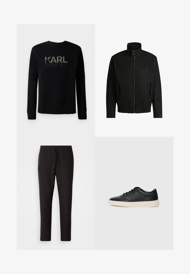 Black jacket with a high collar, zippered front, and elastic waistband. Features side pockets with cover flaps and subtle logo detailing.; Black long-sleeve sweatshirt with textured "KARL LAGERFELD" logo embroidered on the chest, featuring a simple round neckline.; Black jogger pants made of smooth fabric. Feature an elastic waistband with a drawstring, tapered legs, and no visible pockets. Simple design.; Black low-top leather sneaker with black laces and off-white sole shown in side profile on white background.
