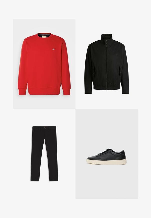 Giacca nera con colletto alto, chiusura con zip e vita elasticizzata. Presenta tasche laterali con flap di copertura e dettagli del logo discreti.; Felpa rossa con maniche lunghe, colletto a giro e polsini a coste. Presenta un piccolo logo al centro del petto. Realizzata in un tessuto liscio e misto.; Pantaloni neri realizzati in tessuto con una superficie liscia. Presentano una chiusura con bottone, passanti per cintura e tasche laterali. Design a gamba dritta standard.; Sneaker in pelle nera a basso profilo con lacci neri e suola avorio, mostrato di profilo su sfondo bianco.
