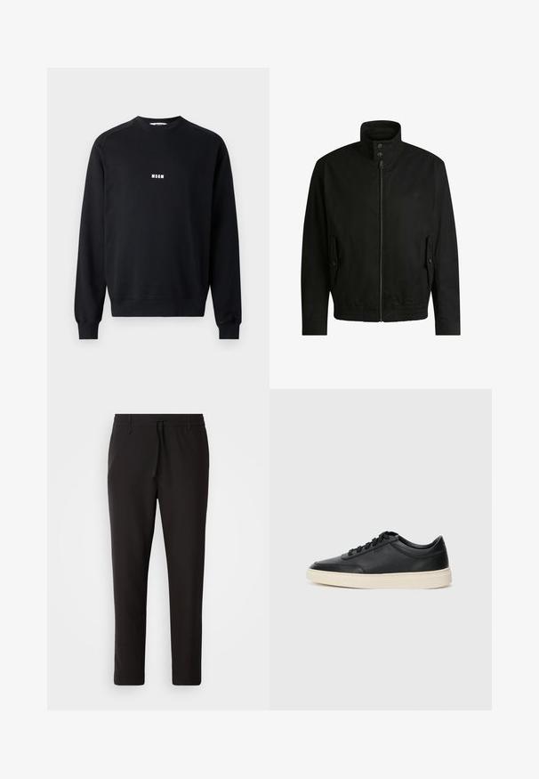 Veste noire avec un col haut, fermeture éclair à l'avant et taille élastique. Dispose de poches latérales avec rabats de protection et d'un logo discret.; Sweatshirt noir en coton mélangé, avec un col rond, des manches longues, des poignets côtelés et un logo MSGM blanc sur la poitrine.; Pantalons de jogging noirs en tissu lisse. Dotés d'une taille élastique avec cordon de serrage, jambes fuselées, et sans poches visibles. Design simple.; Baskets en cuir noires à tiges basses avec lacets noirs et semelle ivoire, présentées en profil latéral sur fond blanc.