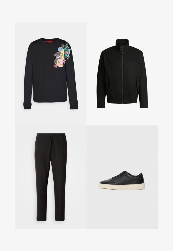 Giacca nera con colletto alto, chiusura con zip e vita elasticizzata. Presenta tasche laterali con flap di copertura e dettagli del logo discreti.; Maglietta nera a maniche lunghe in cotone, con colorati toppe grafiche raffiguranti volti e disegni sul davanti e sull'area della spalla destra.; Pantaloni jogger neri realizzati in tessuto liscio. Presentano una vita elasticizzata con stringa, gambe affusolate e senza tasche visibili. Design semplice.; Sneaker in pelle nera a basso profilo con lacci neri e suola avorio, mostrato di profilo su sfondo bianco.