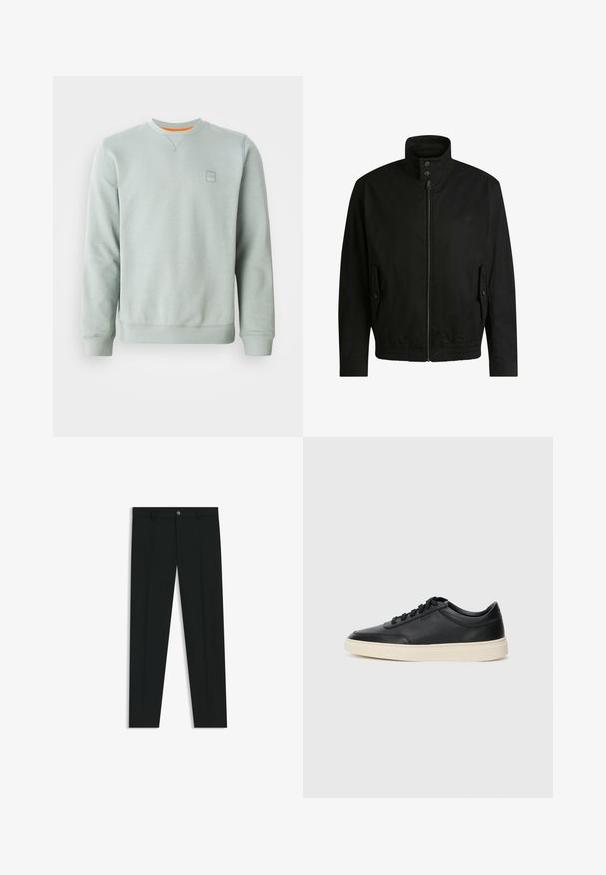 Zwarte jas met een hoge kraag, ritssluiting aan de voorkant en elastische tailleband. Voorzien van zijzakken met deksels en subtiele logo-details.; Lichtgroene crewneck sweatshirt met lange mouwen, ribgebreide boorden en zoom, en een klein reliëflogo op de linkerkant van de borst.; Zwarte dresspants met een recht pasvorm, gemaakt van een gladde stof. Heeft een sluiting met een knoop aan de voorkant en ceintuurlussen. Effen zonder patronen.; Zwarte leren sneaker met lage schacht, zwarte veters en off-white zool, weergegeven in zijprofiel op een witte achtergrond.