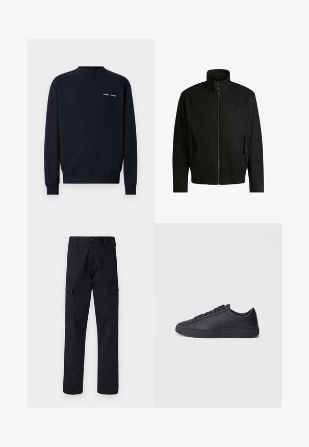 Black jacket with a high collar, zippered front, and elastic waistband. Features side pockets with cover flaps and subtle logo detailing.; Dark navy sweatshirt made of cotton. Features a crew neckline, long sleeves, and two small white brand logos on the upper left chest.; Black cargo pants made of sturdy fabric, featuring a straight-leg cut, two side pockets, and a button closure at the waistband.; Black sneakers made of smooth leather with a low-top design, round toe, and flat rubber sole. Features laces and subtle branding.