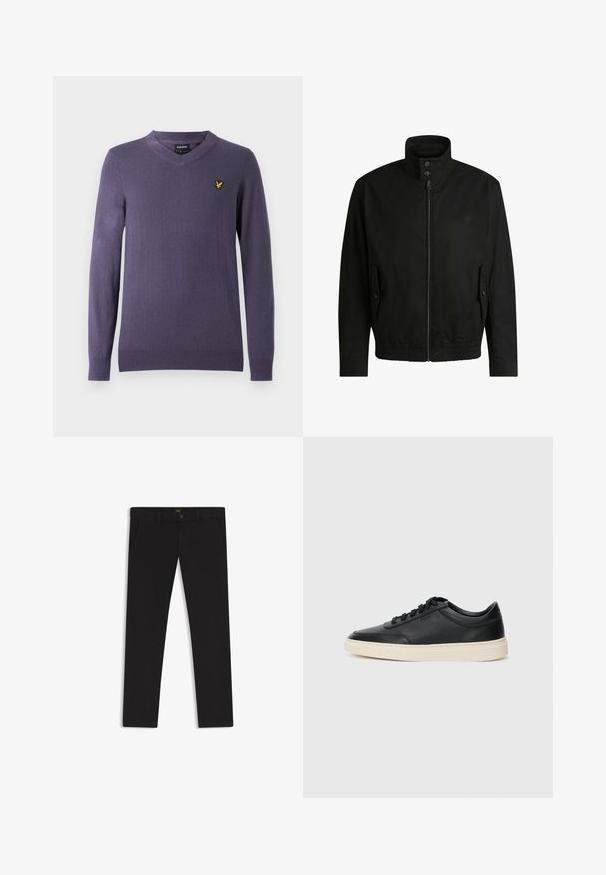 Giacca nera con colletto alto, chiusura con zip e vita elasticizzata. Presenta tasche laterali con flap di copertura e dettagli del logo discreti.; Maglione viola a scollo a V realizzato in tessuto morbido. Presenta maniche lunghe, polsini e orlo a coste, con un piccolo logo giallo sul petto sinistro.; Pantaloni neri realizzati in tessuto con una superficie liscia. Presentano una chiusura con bottone, passanti per cintura e tasche laterali. Design a gamba dritta standard.; Sneaker in pelle nera a basso profilo con lacci neri e suola avorio, mostrato di profilo su sfondo bianco.