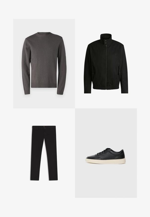 Zwarte jas met een hoge kraag, ritssluiting aan de voorkant en elastische tailleband. Voorzien van zijzakken met deksels en subtiele logo-details.; Samsøe Samsøe SYLLI CREW NECK - Trui - volcanic ash; Zwarte broek van stof met een gladde textuur. Bevat een knoopsluiting, riemlussen en zijzakken. Standaard straight-leg ontwerp.; Zwarte leren sneaker met lage schacht, zwarte veters en off-white zool, weergegeven in zijprofiel op een witte achtergrond.