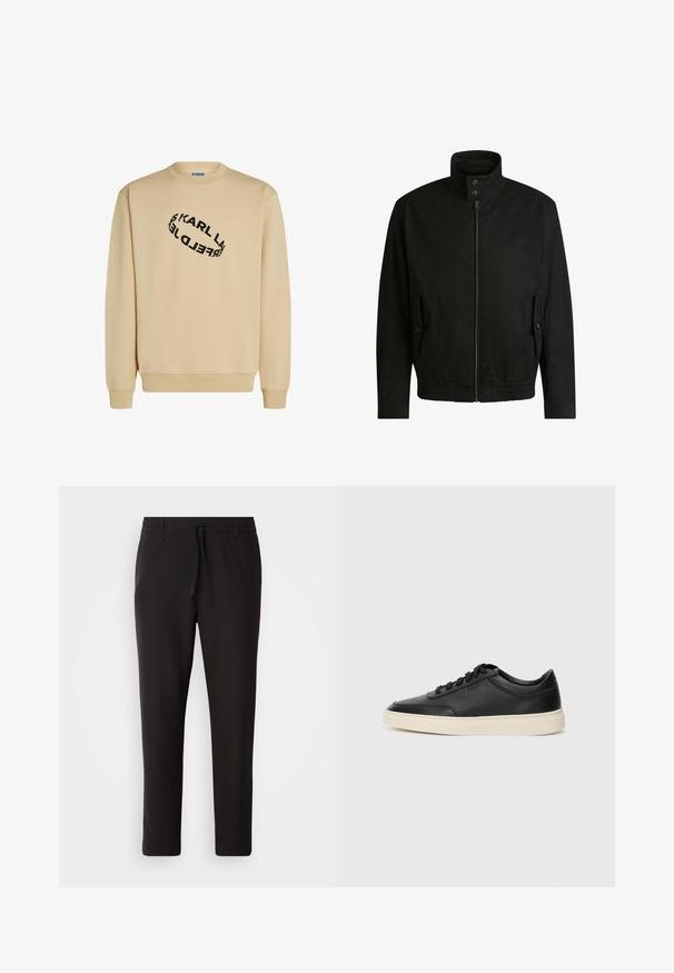 Czarna kurtka z wysokim kołnierzem, zamkiem błyskawicznym z przodu i elastycznym paskiem u dołu. Posiada boczne kieszenie z klapkami oraz subtelne detale logo.; Beżowa bluza z okrągłym dekoltem. Ma czarny wzór tekstowy w spiralnym układzie. Długie rękawy i ściśnięte mankiety u dołu.; Czarne spodnie dresowe wykonane z gładkiego materiału. Posiadają elastyczny pas ze sznurkiem, zwężane nogawki oraz brak widocznych kieszeni. Prosty design.; Czarne niskie skórzane sneakersy z czarnymi sznurówkami i off-white podeszwą, prezentowane w profilu bocznym na białym tle.