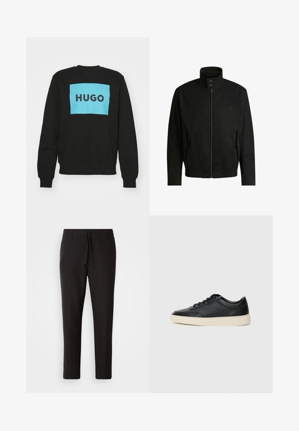 Giacca nera con colletto alto, chiusura con zip e vita elasticizzata. Presenta tasche laterali con flap di copertura e dettagli del logo discreti.; HUGO DURAGOL - Felpa - black; Pantaloni jogger neri realizzati in tessuto liscio. Presentano una vita elasticizzata con stringa, gambe affusolate e senza tasche visibili. Design semplice.; Sneaker in pelle nera a basso profilo con lacci neri e suola avorio, mostrato di profilo su sfondo bianco.
