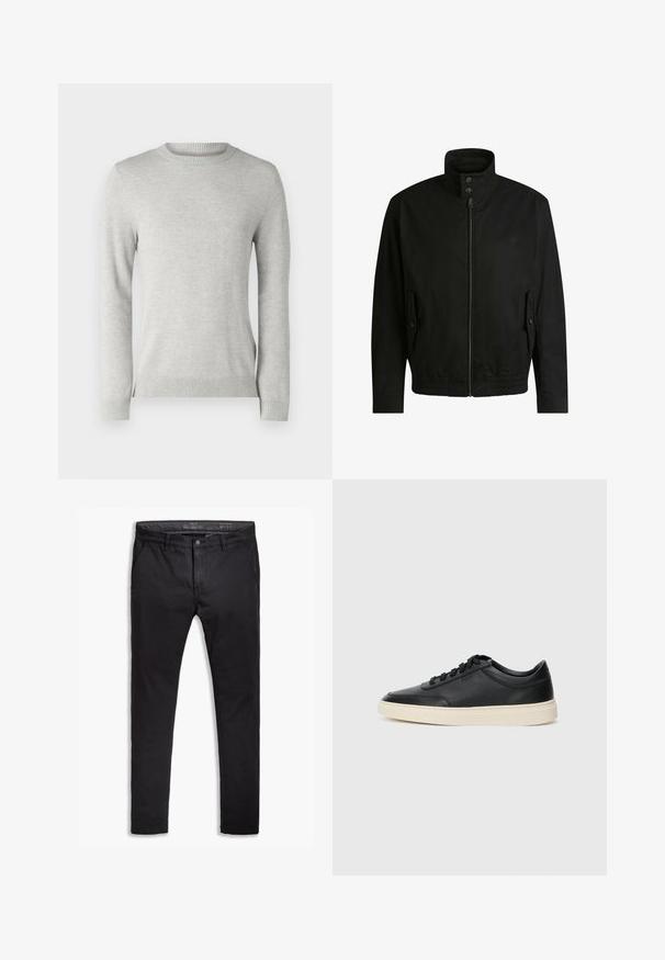 Zwarte jas met een hoge kraag, ritssluiting aan de voorkant en elastische tailleband. Voorzien van zijzakken met deksels en subtiele logo-details.; Lichtgrijze gebreide trui met een ronde halslijn, lange mouwen, een gestructureerd patroon en geribbelde manchetten en zoom. Zachte, ademende stof.; Zwarte katoenen chinos met een taps toelopende pasvorm, voorzien van vijf zakken, riemlussen en een gladde textuur. Ritssluiting met een knoopsluiting.; Zwarte leren sneaker met lage schacht, zwarte veters en off-white zool, weergegeven in zijprofiel op een witte achtergrond.