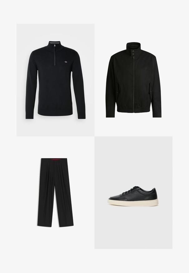 Schwarze Jacke mit hohem Kragen, Reißverschluss vorne und elastischem Bund. Enthält Seitentaschen mit Klappen und dezenten Logodetails.; Schwarzer Pullover mit hohem Kragen und Reißverschluss, langen Ärmeln und schmalem Saum, aus einem glatten Strickstoff gefertigt.; Schwarze weit geschnittene Hosen mit flachem Bund, zwei seitlichen Taschen, gefaltetem Design und einem kontrastierenden roten Innenbund.; Schwarzer niedriger Ledersneaker mit schwarzen Schnürsenkeln und cremefarbenem Sohlenrand, seitlich auf weißem Hintergrund dargestellt.