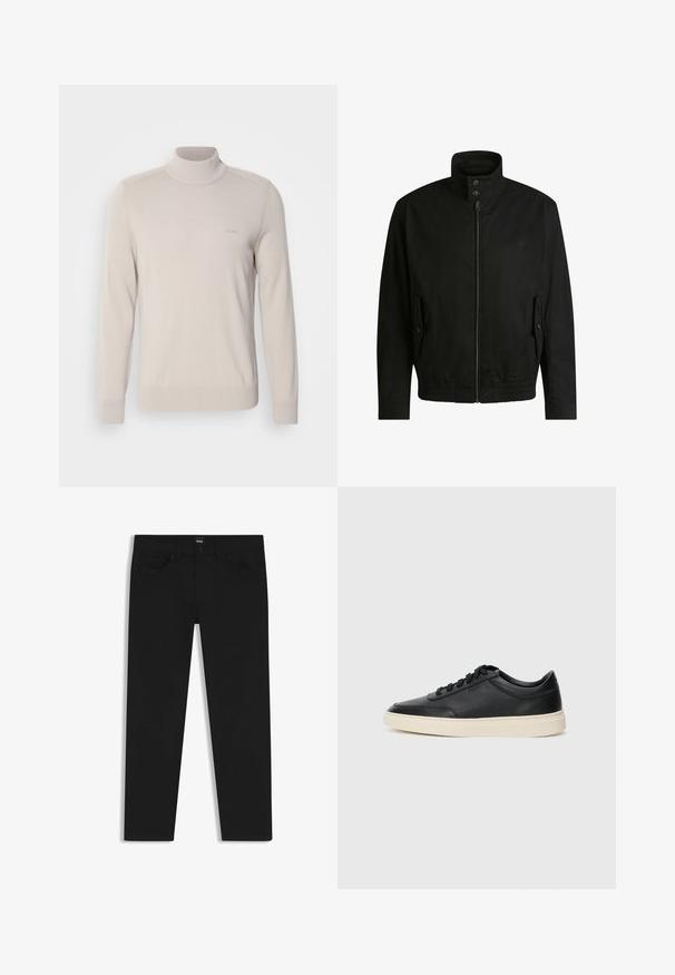 Czarna kurtka z wysokim kołnierzem, zamkiem błyskawicznym z przodu i elastycznym paskiem u dołu. Posiada boczne kieszenie z klapkami oraz subtelne detale logo.; Jasny beżowy sweter z golfem wykonany z miękkiego materiału. Posiada ściągacze przy mankietach i na dole, z dyskretnym logo na klatce piersiowej. Klasyczny fason.; Czarne dżinsy o prostym kroju, z klasycznym paskiem, pięcioma kieszeniami i zapięciem na guzik. Gładka faktura na całej powierzchni.; Czarne niskie skórzane sneakersy z czarnymi sznurówkami i off-white podeszwą, prezentowane w profilu bocznym na białym tle.
