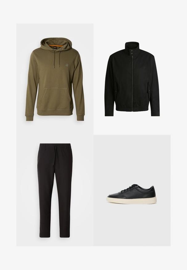 Giacca nera con colletto alto, chiusura con zip e vita elasticizzata. Presenta tasche laterali con flap di copertura e dettagli del logo discreti.; Felpa verde oliva realizzata in tessuto morbido, con tasca frontale, cappuccio regolabile con coulisse e una discreta toppa con logo sul petto.; Pantaloni jogger neri realizzati in tessuto liscio. Presentano una vita elasticizzata con stringa, gambe affusolate e senza tasche visibili. Design semplice.; Sneaker in pelle nera a basso profilo con lacci neri e suola avorio, mostrato di profilo su sfondo bianco.