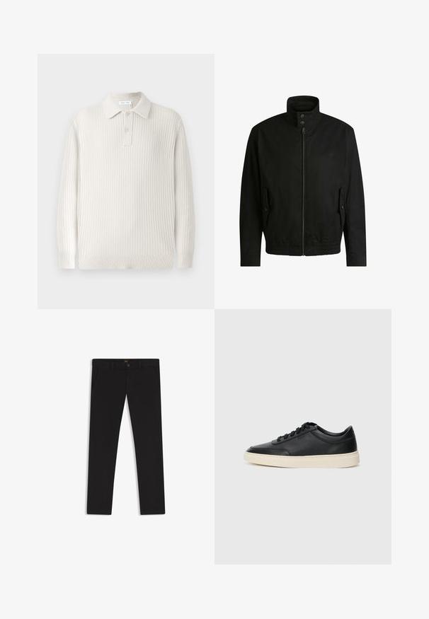 Black jacket with a high collar, zippered front, and elastic waistband. Features side pockets with cover flaps and subtle logo detailing.; Light beige knitted polo sweater with ribbed texture, a collar, and two buttons. Features long sleeves and a fitted hem.; Black trousers made of fabric with a smooth texture. Features a button closure, belt loops, and side pockets. Standard straight-leg design.; Black low-top leather sneaker with black laces and off-white sole shown in side profile on white background.