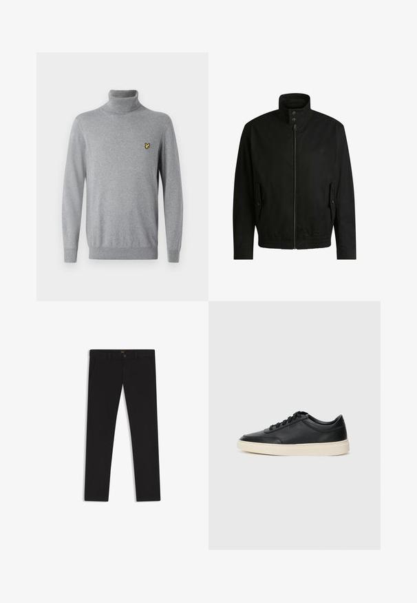 Zwarte jas met een hoge kraag, ritssluiting aan de voorkant en elastische tailleband. Voorzien van zijzakken met deksels en subtiele logo-details.; Grijze coltrui gemaakt van zachte stof, met een slim fit en een klein geborduurd geel logo op de borst.; Zwarte broek van stof met een gladde textuur. Bevat een knoopsluiting, riemlussen en zijzakken. Standaard straight-leg ontwerp.; Zwarte leren sneaker met lage schacht, zwarte veters en off-white zool, weergegeven in zijprofiel op een witte achtergrond.