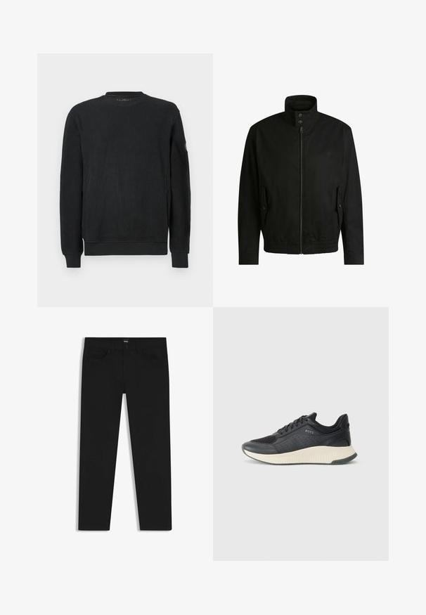 Black jacket with a high collar, zippered front, and elastic waistband. Features side pockets with cover flaps and subtle logo detailing.; Black long-sleeve knit sweater with ribbed texture, crew neck, and fitted cuffs, photographed on a white background.; Black denim trousers with a straight cut, featuring a standard waistband, five pockets, and a button closure. Smooth texture throughout.; Black athletic sneaker featuring a mesh upper with perforations, a textured midsole in cream, and a rubber outsole for traction.