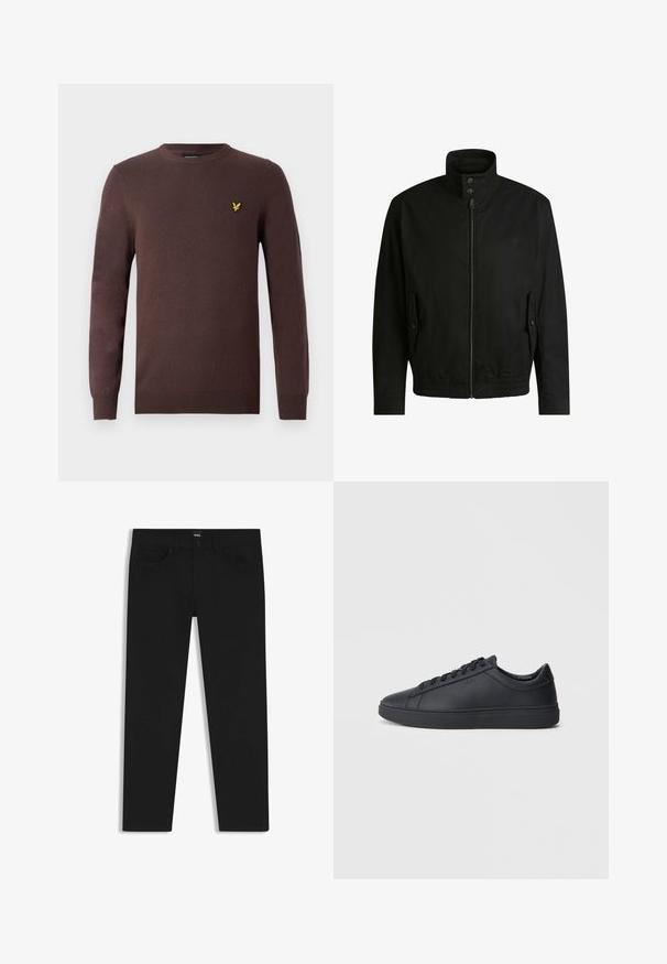 Black jacket with a high collar, zippered front, and elastic waistband. Features side pockets with cover flaps and subtle logo detailing.; Brown sweater made from soft knit fabric, featuring a round neckline and long sleeves. Embroidered yellow bird accent on the chest.; Black denim trousers with a straight cut, featuring a standard waistband, five pockets, and a button closure. Smooth texture throughout.; Black sneakers made of smooth leather with a low-top design, round toe, and flat rubber sole. Features laces and subtle branding.