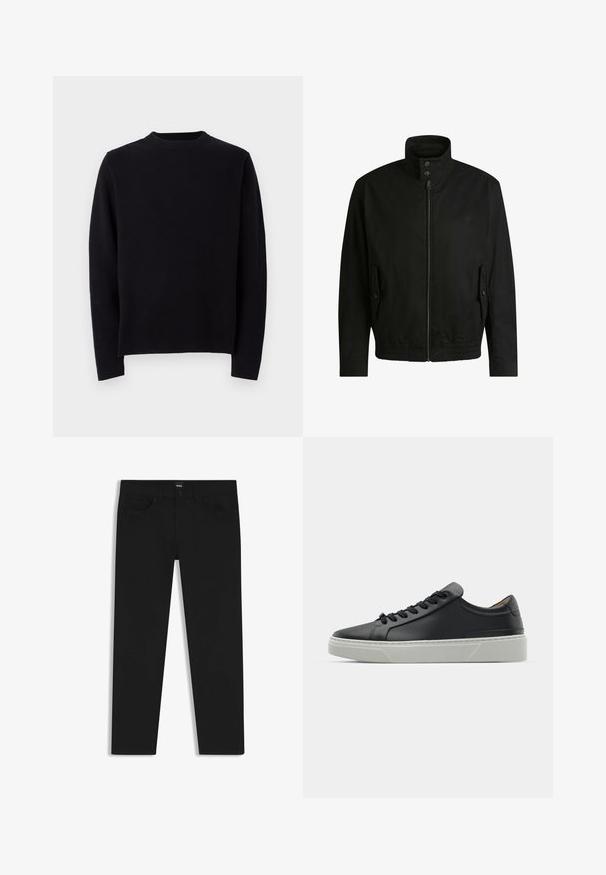 Black jacket with a high collar, zippered front, and elastic waistband. Features side pockets with cover flaps and subtle logo detailing.; Black knitted sweater with long sleeves, round ribbed neckline, and a straight cut. Smooth texture with no visible patterns or accents.; Black denim trousers with a straight cut, featuring a standard waistband, five pockets, and a button closure. Smooth texture throughout.; Black leather sneaker with a smooth texture, round toe, and black laces. Features a thick, white rubber sole with subtle geometric accents.