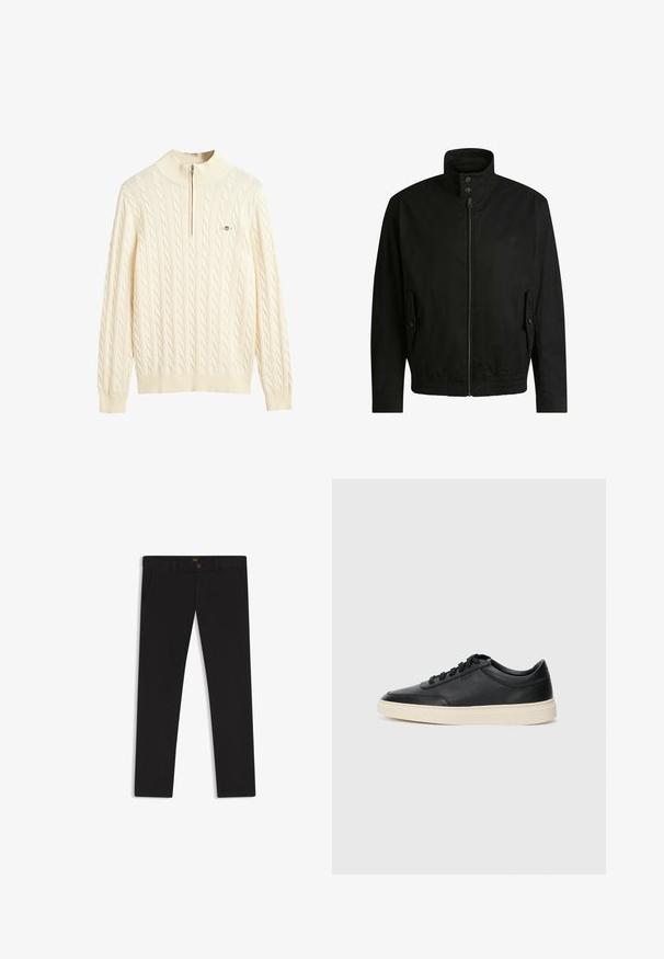 Black jacket with a high collar, zippered front, and elastic waistband. Features side pockets with cover flaps and subtle logo detailing.; Cream-colored cable-knit sweater with a high collar and half-zip closure; features ribbed cuffs and hem, soft texture, and logo accent.; Black trousers made of fabric with a smooth texture. Features a button closure, belt loops, and side pockets. Standard straight-leg design.; Black low-top leather sneaker with black laces and off-white sole shown in side profile on white background.