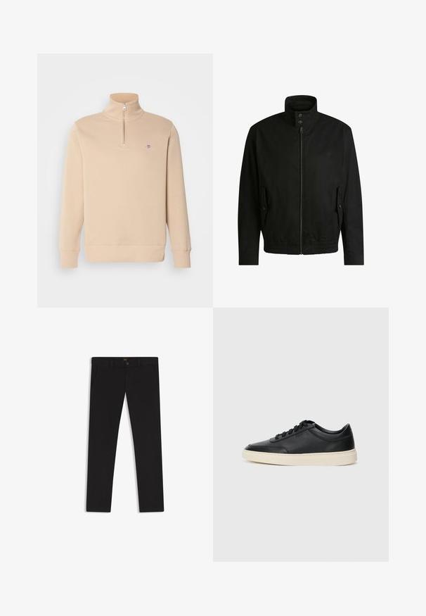 Giacca nera con colletto alto, chiusura con zip e vita elasticizzata. Presenta tasche laterali con flap di copertura e dettagli del logo discreti.; GANT REG SHIELD HALF ZIP  - Felpa - dry sand; Pantaloni neri realizzati in tessuto con una superficie liscia. Presentano una chiusura con bottone, passanti per cintura e tasche laterali. Design a gamba dritta standard.; Sneaker in pelle nera a basso profilo con lacci neri e suola avorio, mostrato di profilo su sfondo bianco.