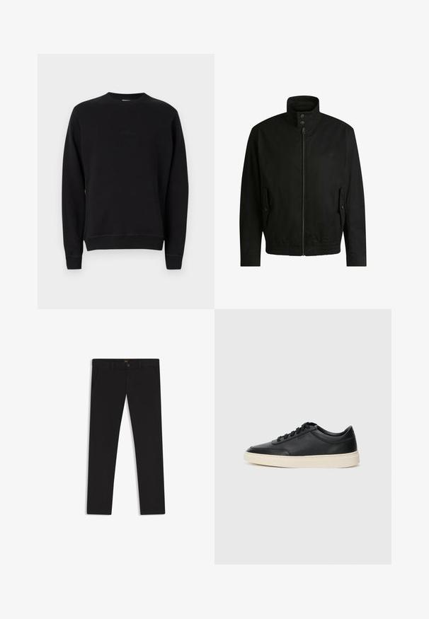 Black jacket with a high collar, zippered front, and elastic waistband. Features side pockets with cover flaps and subtle logo detailing.; Black crew-neck sweatshirt made of soft fabric. Features ribbed cuffs and hem, with a subtle logo embroidered on the front.; Black trousers made of fabric with a smooth texture. Features a button closure, belt loops, and side pockets. Standard straight-leg design.; Black low-top leather sneaker with black laces and off-white sole shown in side profile on white background.