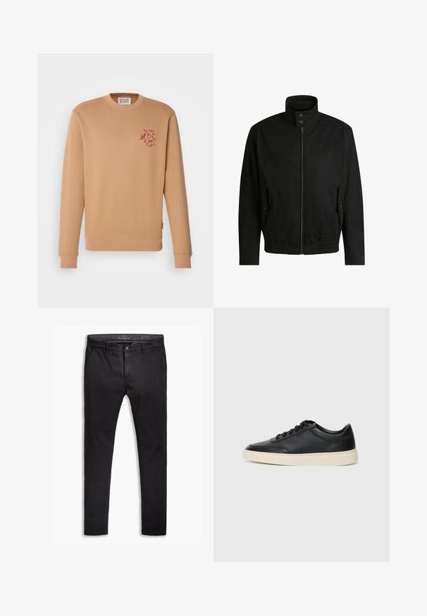 Giacca nera con colletto alto, chiusura con zip e vita elasticizzata. Presenta tasche laterali con flap di copertura e dettagli del logo discreti.; Felpa beige a girocollo realizzata in morbido cotone. Presenta un piccolo logo rosso sul lato sinistro del petto e polsini e orlo a coste.; Chinos neri in cotone con vestibilità affusolata, dotati di cinque tasche, passanti per cintura e una superficie liscia. Chiusura con zip e bottone.; Sneaker in pelle nera a basso profilo con lacci neri e suola avorio, mostrato di profilo su sfondo bianco.