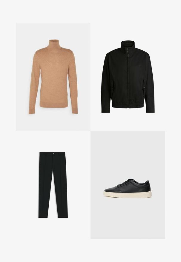 Zwarte jas met een hoge kraag, ritssluiting aan de voorkant en elastische tailleband. Voorzien van zijzakken met deksels en subtiele logo-details.; Bruine coltrui gemaakt van zachte stof, met lange mouwen en een aansluitend ontwerp. Subtiel logo op de borst. Effen structuur.; Zwarte dresspants met een recht pasvorm, gemaakt van een gladde stof. Heeft een sluiting met een knoop aan de voorkant en ceintuurlussen. Effen zonder patronen.; Zwarte leren sneaker met lage schacht, zwarte veters en off-white zool, weergegeven in zijprofiel op een witte achtergrond.