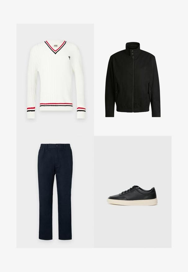 Black jacket with a high collar, zippered front, and elastic waistband. Features side pockets with cover flaps and subtle logo detailing.; White cable-knit sweater with a V-neck, featuring black and red striped accents on the collar and cuffs, and a small embroidered graphic.; Navy chinos with an elastic waistband, a front button closure, and a straight leg design. Smooth texture with no visible patterns.; Black low-top leather sneaker with black laces and off-white sole shown in side profile on white background.