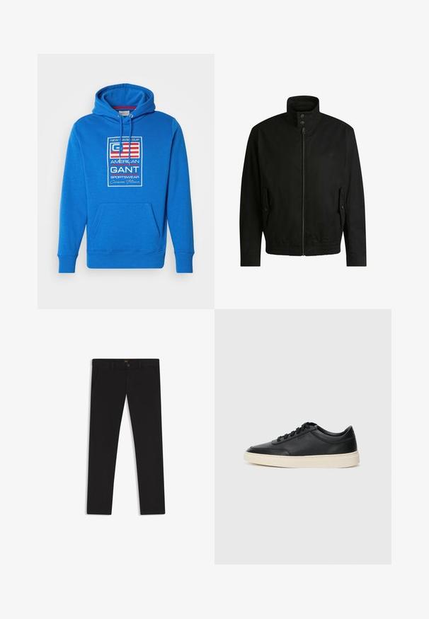 Giacca nera con colletto alto, chiusura con zip e vita elasticizzata. Presenta tasche laterali con flap di copertura e dettagli del logo discreti.; Felpa blu realizzata in morbido tessuto, con tasca a marsupio frontale, cappuccio con cordino e un logo grafico centrale con testo rosso e bianco.; Pantaloni neri realizzati in tessuto con una superficie liscia. Presentano una chiusura con bottone, passanti per cintura e tasche laterali. Design a gamba dritta standard.; Sneaker in pelle nera a basso profilo con lacci neri e suola avorio, mostrato di profilo su sfondo bianco.