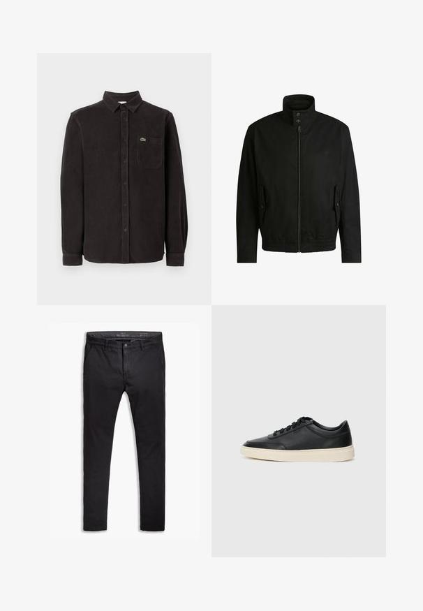 Schwarze Jacke mit hohem Kragen, Reißverschluss vorne und elastischem Bund. Enthält Seitentaschen mit Klappen und dezenten Logodetails.; Schwarzes Cordhemd mit langen Ärmeln, einem Button-Down-Kragen, einer Brusttasche und kleinem grünen Logo auf der oberen linken Seite.; Schwarze Baumwollchinos mit einem schmalen Schnitt, ausgestattet mit fünf Taschen, Gürtelschlaufen und einer glatten Textur. Reißverschluss mit Knopfverschluss.; Schwarzer niedriger Ledersneaker mit schwarzen Schnürsenkeln und cremefarbenem Sohlenrand, seitlich auf weißem Hintergrund dargestellt.