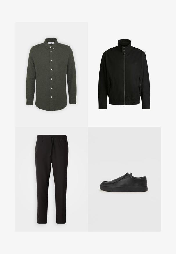 Veste noire avec un col haut, fermeture éclair à l'avant et taille élastique. Dispose de poches latérales avec rabats de protection et d'un logo discret.; Chemise boutonnée vert foncé avec un col, des manches longues et des boutons blancs. Tissu doux et texturé avec un ourlet légèrement arrondi.; Pantalons de jogging noirs en tissu lisse. Dotés d'une taille élastique avec cordon de serrage, jambes fuselées, et sans poches visibles. Design simple.; Chaussure noire en cuir à enfiler avec un bout arrondi, des détails cousus et une semelle en caoutchouc noire. Texture lisse avec un design minimaliste.