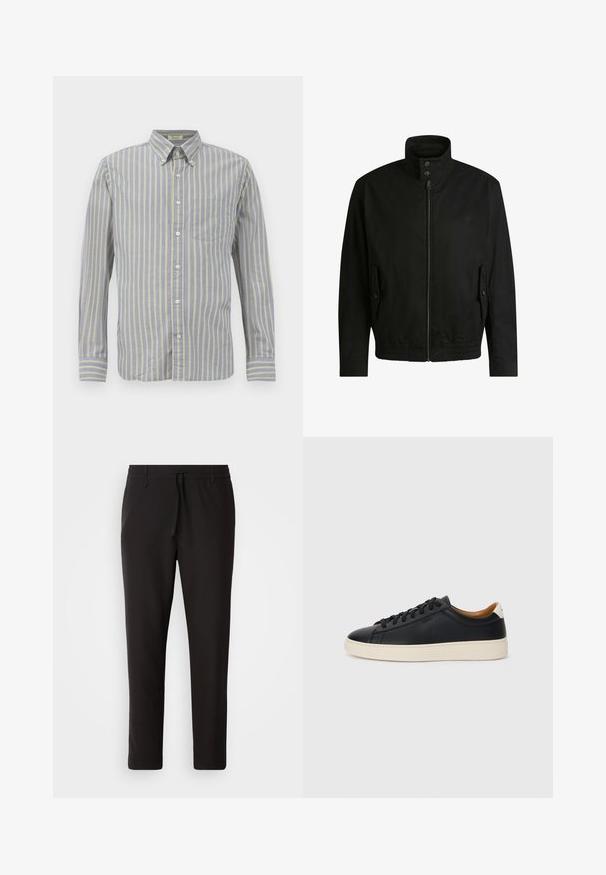 Giacca nera con colletto alto, chiusura con zip e vita elasticizzata. Presenta tasche laterali con flap di copertura e dettagli del logo discreti.; Camicia con bottoni in tessuto blu a righe gialle sottili, dotata di colletto, maniche lunghe e taschino sul petto. Finitura con bottoni bianchi.; Pantaloni jogger neri realizzati in tessuto liscio. Presentano una vita elasticizzata con stringa, gambe affusolate e senza tasche visibili. Design semplice.; Sneakers in pelle nera con una texture liscia, suola in gomma beige, design con lacci e un accento del tacco in contrasto.