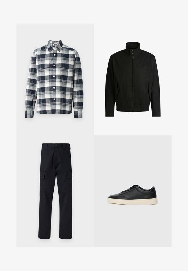 Musta takki korkealla kauluksella, vetoketjulla edessä ja joustavalla vyötäröllä. Varustettu sivutaskuilla, joissa on suojapeitteet ja hienovarainen logotaito.; Ruudullinen paita, joka on valmistettu kankaasta tummansinisestä ja valkoisesta. Siinä on napillinen kaulus, etutasku ja täyspitkät hihat.; Mustat cargo-housut, jotka on valmistettu kestävästä kankaasta, suora lahkeensuukko, kaksi sivutaskua ja napin suljenta vyötäröllä.; Musta matalavartinen nahkastretchu, jossa on mustat nauhat ja vaaleanharmaa pohja, esitetty sivuprofiilissa valkoista taustaa vasten.