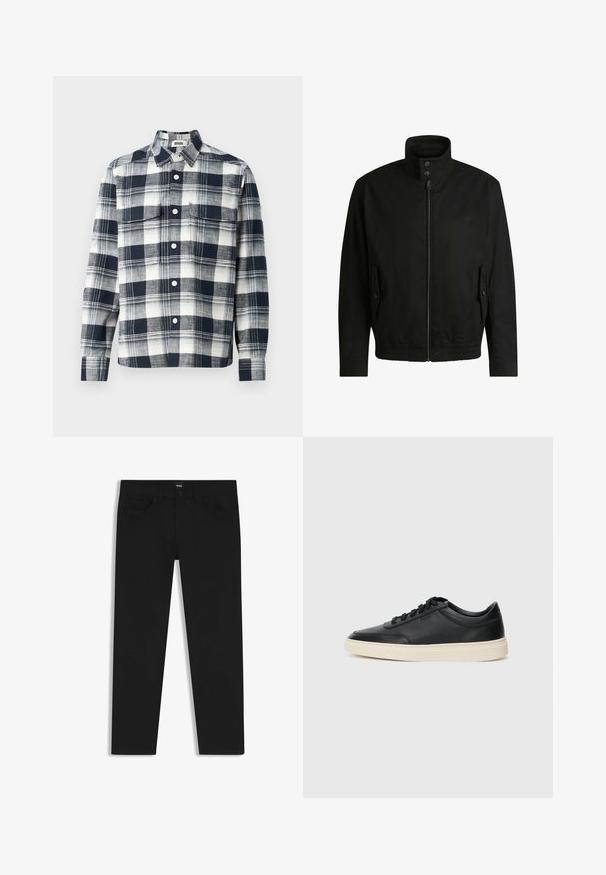 Zwarte jas met een hoge kraag, ritssluiting aan de voorkant en elastische tailleband. Voorzien van zijzakken met deksels en subtiele logo-details.; Geruit overhemd van stof in marineblauw en wit. Voorzien van een button-down kraag, een borstzak en lange mouwen.; Zwarte denim broek met een rechte snit, voorzien van een standaard tailleband, vijf zakken en een knoopsluiting. Gladde textuur overal.; Zwarte leren sneaker met lage schacht, zwarte veters en off-white zool, weergegeven in zijprofiel op een witte achtergrond.