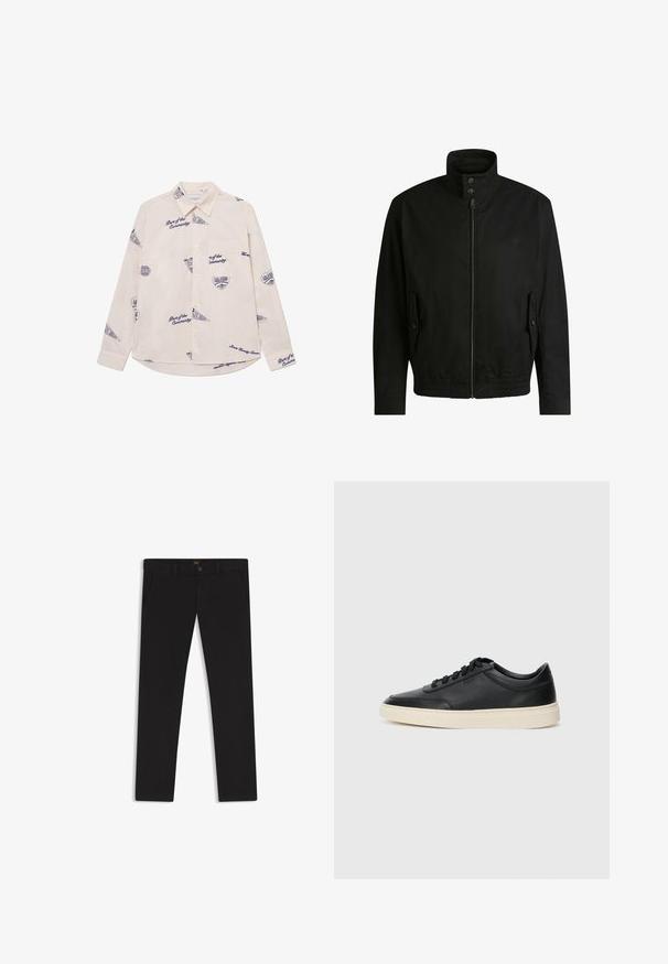 Giacca nera con colletto alto, chiusura con zip e vita elasticizzata. Presenta tasche laterali con flap di copertura e dettagli del logo discreti.; Camicia a maniche lunghe beige chiaro con grafiche e testo blu navy. Presenta colletto con bottoni e taschino sul petto. Tessuto in cotone.; Pantaloni neri realizzati in tessuto con una superficie liscia. Presentano una chiusura con bottone, passanti per cintura e tasche laterali. Design a gamba dritta standard.; Sneaker in pelle nera a basso profilo con lacci neri e suola avorio, mostrato di profilo su sfondo bianco.