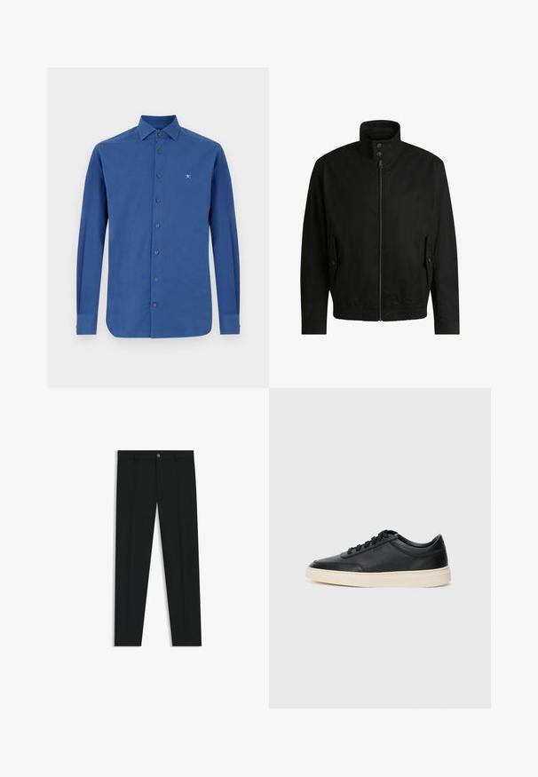 Svart jacka med hög krage, dragkedja fram och elastiskt midjeband. Har fickor på sidorna med lock och subtil logodetalj.; Blå långärmad skjorta i bomull, med knäppning fram, klassisk krage och diskret logotypbroderi på bröstet.; Svarta dressbyxor med rak bendesign, gjorda av ett mjukt tyg. Har stängning med frontknapp och bälteshällor. Enfärgade utan mönster.; Svart låg skor i läder med svarta snören och off-white sula, visas i sidoprofil på vit bakgrund.