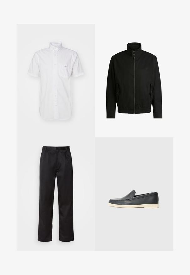 Giacca nera con colletto alto, chiusura con zip e vita elasticizzata. Presenta tasche laterali con flap di copertura e dettagli del logo discreti.; Camicia bianca a maniche corte con bottoni, realizzata in cotone leggero, caratterizzata da una tasca sul petto e un logo sottile sulla tasca. Texture liscia.; Pantaloni neri realizzati in tessuto morbido, con chiusura frontale a bottone, pieghe e gambe dritte. Nessun motivo o accento visibile.; Mocassini neri in pelle con finitura testurizzata e suola in gomma beige a contrasto. Presentano un accento sottile lungo la parte anteriore.