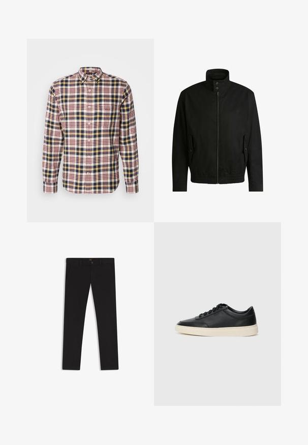 Musta takki korkealla kauluksella, vetoketjulla edessä ja joustavalla vyötäröllä. Varustettu sivutaskuilla, joissa on suojapeitteet ja hienovarainen logotaito.; Ruudullinen nappikauluspaita, jossa on punaiset, tummansiniset, keltaiset ja valkoiset ruudut, puuvillamateriaali, pitkät hihat ja kaulus.; Mustat housut, jotka on valmistettu sileätekstiilisestä kankaasta. Varustettu nappikiinnityksellä, vyölenkeillä ja sivutaskuilla. Standardi suora lahjemalli.; Musta matalavartinen nahkastretchu, jossa on mustat nauhat ja vaaleanharmaa pohja, esitetty sivuprofiilissa valkoista taustaa vasten.