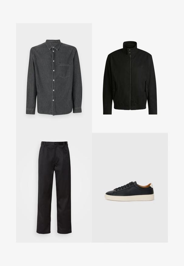 Musta takki korkealla kauluksella, vetoketjulla edessä ja joustavalla vyötäröllä. Varustettu sivutaskuilla, joissa on suojapeitteet ja hienovarainen logotaito.; Harmaan farkkukankaan napitettupaita pitkillä hihoilla, terävällä kauluksella, etutaskulla ja valkoisilla napeilla. Pehmeä tekstuuri, jossa on hieman haalistunut viimeistely.; Musta housut sileästä kankaasta, joissa on etupainike, laskokset ja suorat lahkeet. Ei näkyviä kuvioita tai korostuksia.; Mustat nahkasneakerit, joissa on sileä pinta, beige kumipohja, nauhakiinnitys ja erottuva kanta-aksentti.