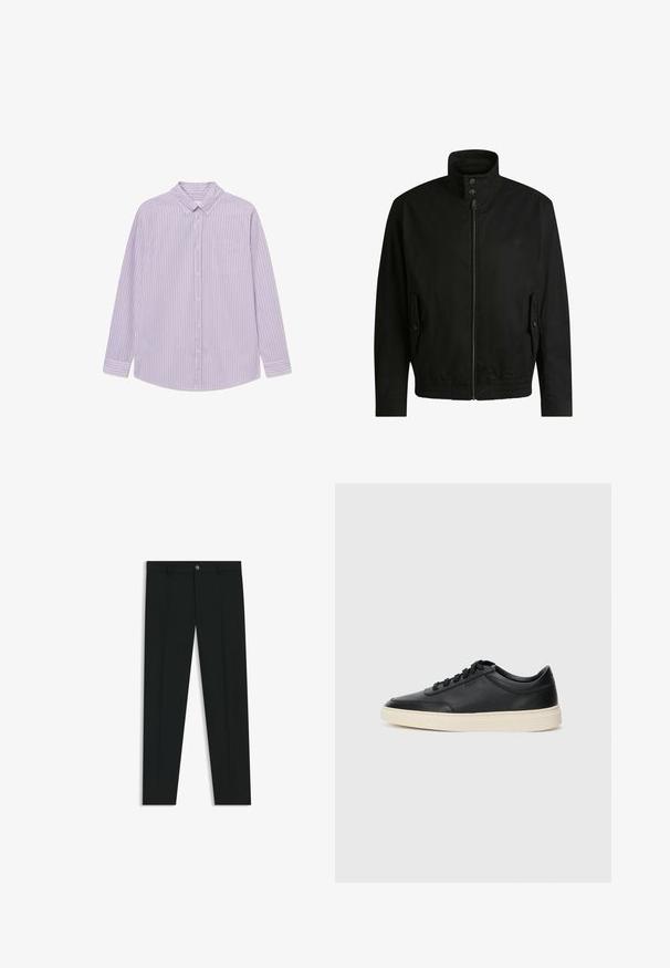 Black jacket with a high collar, zippered front, and elastic waistband. Features side pockets with cover flaps and subtle logo detailing.; Purple and white striped long-sleeve shirt with a button-down collar, single chest pocket, and curved hem. Made of lightweight fabric.; Black dress pants with a straight-leg design, made of smooth fabric. Features a front button closure and belt loops. Plain without patterns.; Black low-top leather sneaker with black laces and off-white sole shown in side profile on white background.