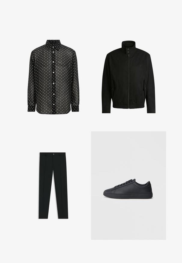 Sort jakke med høj krave, lynlåslukning foran og elastisk liv. Har sidelommer med coverlapper og subtile logo-detaljer.; Sort langærmet skjorte med hvide prikker, der har krave, knaplukning foran og en glat overflade.; Sorte dressbukser med lige ben-design, lavet af glat stof. Har en frontlukning med knap og bæltestropper. Enkle uden mønstre.; Sorte sneakers lavet af glat læder med lavtopdesign, rund tå og flad gummisål. Har snøringer og subtil branding.