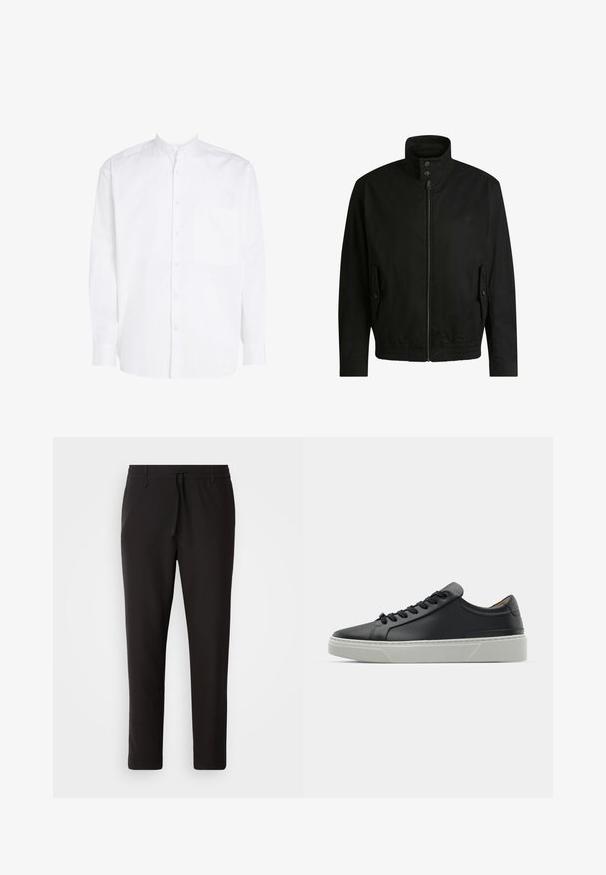 Black jacket with a high collar, zippered front, and elastic waistband. Features side pockets with cover flaps and subtle logo detailing.; White long-sleeve shirt with a band collar, front button closure, and a single chest pocket. Made from smooth cotton fabric.; Black jogger pants made of smooth fabric. Feature an elastic waistband with a drawstring, tapered legs, and no visible pockets. Simple design.; Black leather sneaker with a smooth texture, round toe, and black laces. Features a thick, white rubber sole with subtle geometric accents.