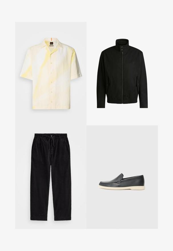 Zwarte jas met een hoge kraag, ritssluiting aan de voorkant en elastische tailleband. Voorzien van zijzakken met deksels en subtiele logo-details.; Korte mouwen shirt van lichte stof, met een geel-witte tie-dye patroon, een knoopsluiting aan de voorkant en een camp kraag.; Zwarte corduroy broek met een relaxte pasvorm, voorzien van een elastische tailleband met een koord, en zijzakken. De stof vertoont een ribbelstructuur.; Zwarte leren instappers met een gestructureerde afwerking en een contrasterende beige rubberen zool. Beschikt over een subtiele accent langs de voorkant.