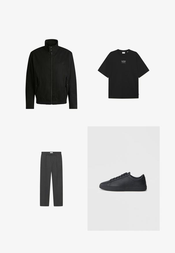 Black jacket with a high collar, zippered front, and elastic waistband. Features side pockets with cover flaps and subtle logo detailing.; Black cotton t-shirt with loose fit, round neckline, and short sleeves. Features white text logo "Les Deux" in the center. Minimalist design.; Gray tailored trousers with a subtle check pattern, textured weave, and front pleats, featuring a waistband with belt loops.; Black sneakers made of smooth leather with a low-top design, round toe, and flat rubber sole. Features laces and subtle branding.