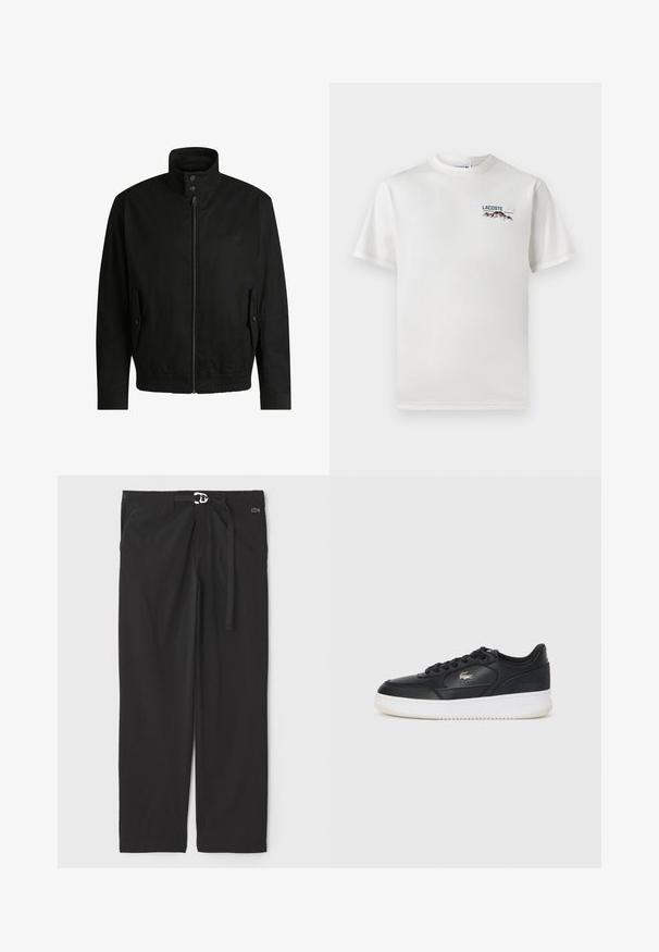 Svart jacka med hög krage, dragkedja fram och elastiskt midjeband. Har fickor på sidorna med lock och subtil logodetalj.; Vit bomullströja med rund halsringning, korta ärmar och en liten broderad logotyp med berg och text på vänster bröst.; Svarta byxor med elastisk midja, justerbar dragsko och sidofickor. Tillverkade av ett mjukt, lätt tyg. Lacoste-logotypdetalj.; Svart lädersneaker med vit sula, med rund tå, snörningsdesign och en diskret logotyp på sidan. Strukturerad ovandel.