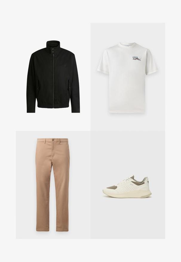 Svart jacka med hög krage, dragkedja fram och elastiskt midjeband. Har fickor på sidorna med lock och subtil logodetalj.; Vit bomullströja med rund halsringning, korta ärmar och en liten broderad logotyp med berg och text på vänster bröst.; Tan chinos i bomull med slät textur, med dragkedja och knappstängning. Rakt ben-design, utan synliga mönster eller accenter.; Vit och ljusbeige atletisk sneaker med ett meshöverdrag, perforerade detaljer och en texturerad mellansula med varumärke på hälen.