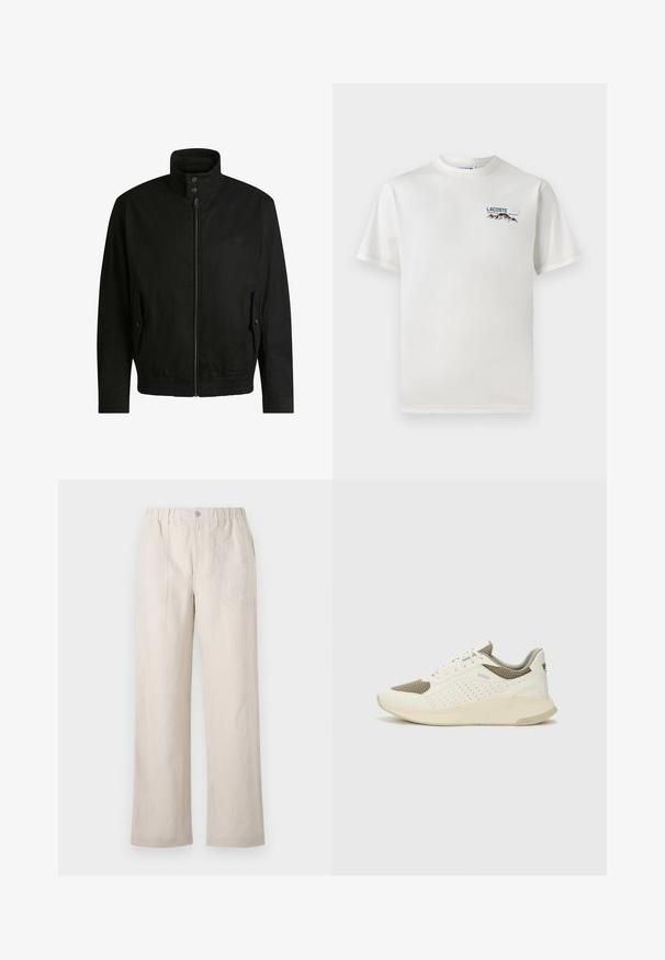 Black jacket with a high collar, zippered front, and elastic waistband. Features side pockets with cover flaps and subtle logo detailing.; White cotton T-shirt with a round neckline, short sleeves, and a small embroidered logo featuring mountains and text on the left chest.; Belstaff FORGE - Trousers - stone beige; White and light beige athletic sneaker, featuring a mesh upper, perforated detailing, and a textured midsole with branding on the heel.