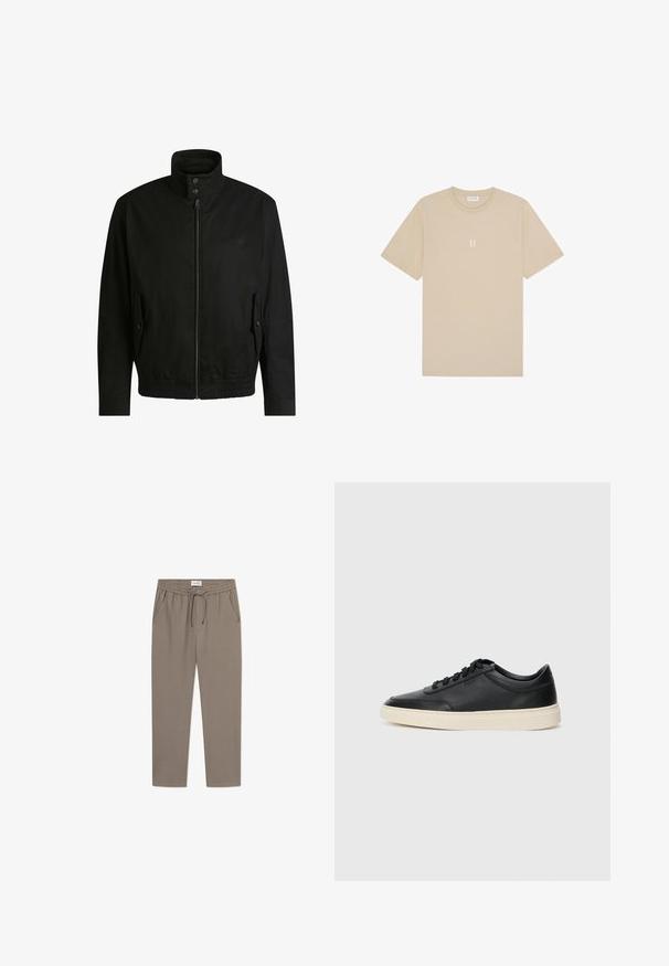 Giacca nera con colletto alto, chiusura con zip e vita elasticizzata. Presenta tasche laterali con flap di copertura e dettagli del logo discreti.; T-shirt in cotone beige con maniche corte e scollatura rotonda. Presenta una piccola grafica centrata "II" in una tonalità più chiara.; Pantaloni jogger grigi con vita elastica, coulisse e tasche laterali. Il tessuto appare liscio, con una vestibilità comoda e gambe affusolate.; Sneaker in pelle nera a basso profilo con lacci neri e suola avorio, mostrato di profilo su sfondo bianco.