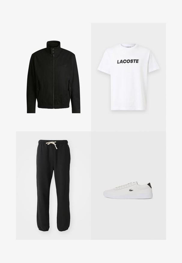 Black jacket with a high collar, zippered front, and elastic waistband. Features side pockets with cover flaps and subtle logo detailing.; White cotton t-shirt featuring a prominent black "LACOSTE" logo across the chest. Short sleeves and a crew neck design.; Black sweatpants with an elastic waistband and drawstring, tapered legs with elastic cuffs, made of soft fabric. No pockets visible.; White leather sneaker with round toe, lace-up front, and black heel accent. Features a small embroidered crocodile logo on the side.