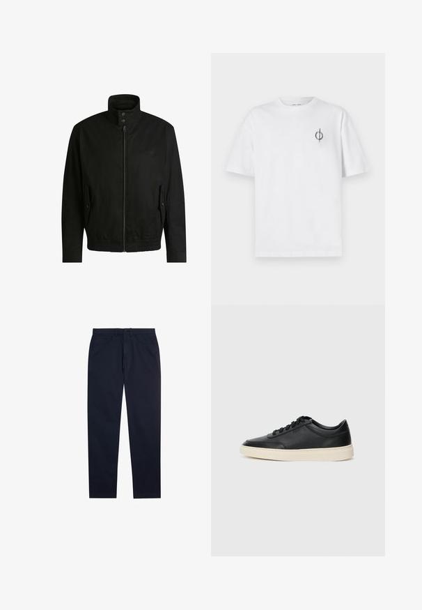 Svart jacka med hög krage, dragkedja fram och elastiskt midjeband. Har fickor på sidorna med lock och subtil logodetalj.; Vit bomullströja med avslappnad passform, med en liten svart grafisk logotyp på vänster bröstområde. Korta ärmar, rundad hals.; Marina blå chinos i bomull med rak bendesign, framfickor och knäppning. Slät textur med minimal detaljering.; Svart låg skor i läder med svarta snören och off-white sula, visas i sidoprofil på vit bakgrund.
