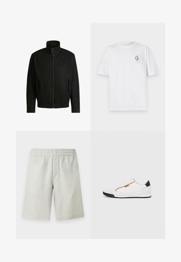 Black jacket with a high collar, zippered front, and elastic waistband. Features side pockets with cover flaps and subtle logo detailing.; White cotton t-shirt with a relaxed fit, featuring a small black graphic logo on the left chest area. Short sleeves, crew neck style.; Light grey shorts made from textured fabric, featuring an elastic waistband and side seam pockets; straight cut design.; White athletic shoes with mesh and leather accents. Features a gold "BOSS" logo, textured side panels, and a black heel cap. Rubber sole.